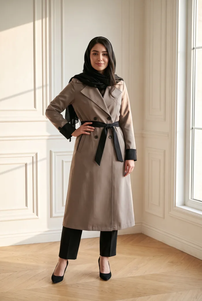 مانتو بلند یقه انگلیسی آستین دورنگ