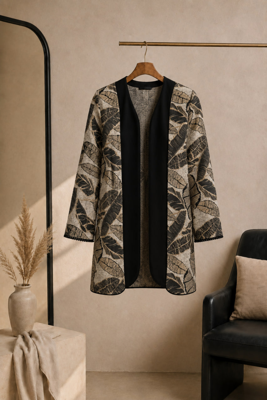 کت شلوار ژاکارد برگ‌دار کرم و مشکی (در 2 رنگ) مشکی